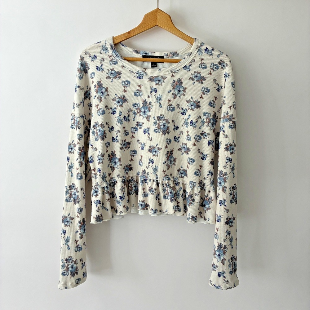 Oak & Trellis Womens XL Cropped Printed Long Sleeve Top Off White Floral Cottage